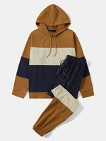 Mens Color Block Patchwork Hoodie Ribbed Knit Two Pieces Outfits