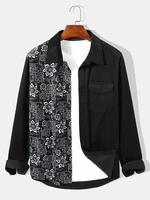 Mens Floral Ornament Flat Pocket Lapel Long Sleeve Shirts