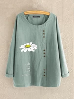 100% Cotton O-Neck Flower Printed Blouse For Women