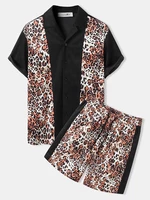 Mens Leopard Pattern Spliced Short Sleeve Two Pieces Outfits