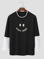 Mens Letter Smile Face Print Faux Twinset Long Sleeve T-Shirts