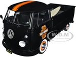 1950 Volkswagen T1 Custom Pickup Truck Matt Black with Orange Stripes "Harley Davidson" with Surfboard Accessory 1/18 Diecast Model Car by Solido