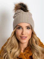 Cap with braids and fur pompom, beige