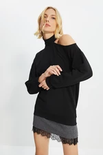 Trendyol Black Stand Up Collar Shoulder Detailed Basic Knitted Sweatshirt