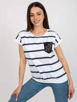 White and dark blue striped blouse with decorative pocket
