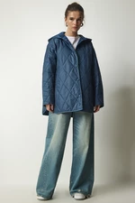 Happiness İstanbul Women's Indigo Blue Hooded Quilted Oversized Coat