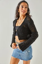 Olalook Women's Black Openwork Crop Cotton Content Crop Cardigan