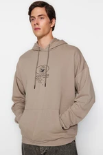 Trendyol Mink Men's Oversize/Wide-Cut Hoodie with Mystical Printed on the Front/Back, Thick Cotton Sweatshirt.