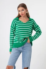 Lafaba Women's Green Shirt Collar Striped Knitwear Sweater