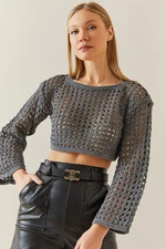 XHAN Smoked Crew Neck Glittered Openwork Crop Sweater