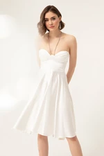 Lafaba Women's White Flare Cut Mini Evening Dress with Stone Straps.