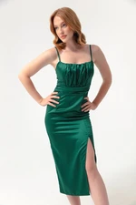 Lafaba Women's Emerald Green Evening Dress with Thin Straps and a Slit Midi Satin.