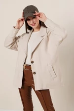 By Saygı Beige Oversized Lined Stamp Jacket with Pockets with Cuff Sleeves