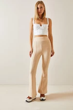 XHAN Cream Thick Belt Stitching Detail Trousers
