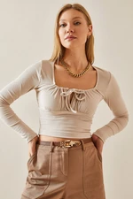 XHAN Beige U Neck Laced Camisole Crop Blouse