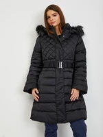 Black women's down winter coat with detachable hood and fur Guess Lolie