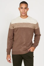 AC&Co / Altınyıldız Classics Men's Beige-brown Standard Fit Regular Cut Crew Neck Colorblock Patterned Wool Knitwear Sweater
