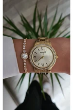 Polo Air Luxury Stone Roman Numeral Women's Wristwatch Zircon Stone Elegant Waterway Bracelet Gold Color