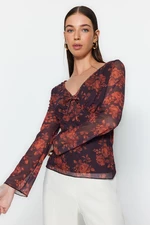 Trendyol Brown Floral Print V-neck Tie Detailed Long Sleeve Tulle Stretch Knitted Blouse