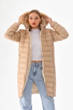 BİKELİFE Women's Beige Long Filled Hood Furry Down Coat