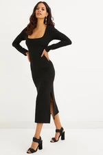 Cool &ampy sexy dámske čierne štvorcové golierové midi šaty s dvojitým rozparkom