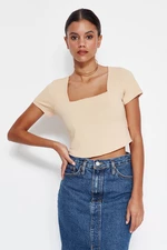 Trendyol Stone Bodice Detail Crop Square Collar Cotton Stretch Knitted Blouse