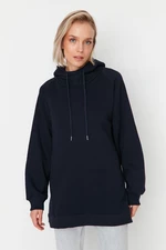 Trendyol Navy Blue Hooded Oversize Raised Knitted Sweatshirt