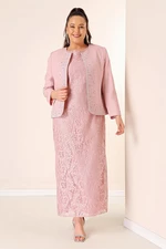 Saygı bez rukávov kvetinové čipkované dlhé šaty s kamennými detailmi, podšitý krepový sako, dvojdielny oblek vo veľkosti plus.