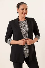 By Saygı Undershirt And Jacket Sleeve Ends Leopard Patterned Crepe Plus Size 2 Pcs Set Black