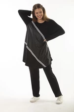 Şans Women's Plus Size Black Faux Leather And Stripe Detailed Sweatshirt And Pants Double Suit