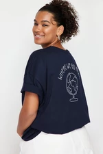 Trendyol Curve Navy Blue 100% Cotton Back Printed Relaxed/Wide Comfort Fit Crew Neck Knitted T-Shirt