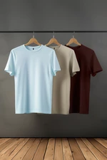 Trendyol Tmavě hnědá-Kamenná-Světle modrá Základní Slim Fit 100% Bavlna 3-Balení Tričko
