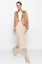 Trendyol Beige Knitted Midi Skirt With Slit Detail and Soft Touch.