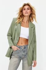 Trendyol Mint Double Breasted Closure Woven Lined Faux Leather Blazer Jacket