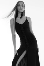 Trendyol Black Body-Sitting Ruffle Long Evening Dress