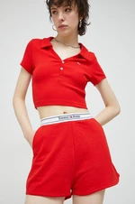 Kraťasy Tommy Jeans dámské, červená barva, hladké, high waist