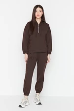 Trendyol Dark Brown Hooded Pocket and Zipper Detailed Knitted Tracksuit Set