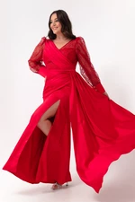 Lafaba Czerwona Długa Suknia Wieczorowa Z Dekoltem W Szpic Plus Size Z Kamieniami I Rozcięciem Na Rękawach