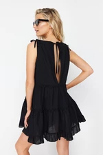 Trendyol Black Wide Fit Mini Woven Ruffled 100% Cotton Beach Dress