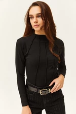 Olalook Women's Black Pieced High Collar Lycra Crop Blouse