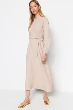 Trendyol Light Beige Belted Woven Dress with Stitching Detail