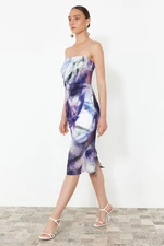 Trendyol Blue Abstract Patterned Straight Cut Satin Midi Woven Dress