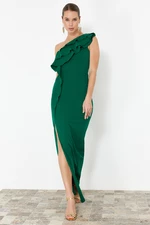 Trendyol Emerald Green Flounced One Sleeve Woven Long Evening Dress