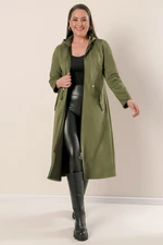 By Saygı Zipper Front, Hooded Beaded Plus Size Suede Coat Khaki with Side Pockets.