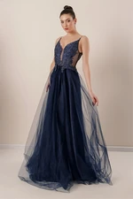 By Saygı Lined Long Tulle Dress with Guipure Beads Detailed with Thread Straps, Navy