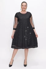 By Saygı Stone Embroidered Tulle Glittery Plus Size Lycra Dress Black