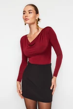 Trendyol Burgundy Degajee Collar Knitted Bodysuit