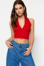 Trendyol Red Fitted/Small Crop Double-breasted Cotton Stretch Knit Blouse