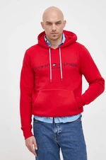 Mikina Tommy Hilfiger pánská, červená barva, s kapucí, s aplikací