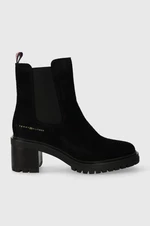 Semišové topánky chelsea Tommy Hilfiger ESSENTIAL MIDHEEL SUEDE BOOTIE dámske, čierna farba, na podpätku, FW0FW07522